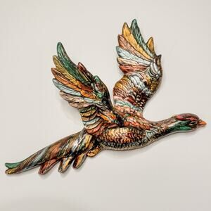 Vintage Hand Painted Flying Pheasant Chalkware Wall Art w/ Drip Glaze Finish